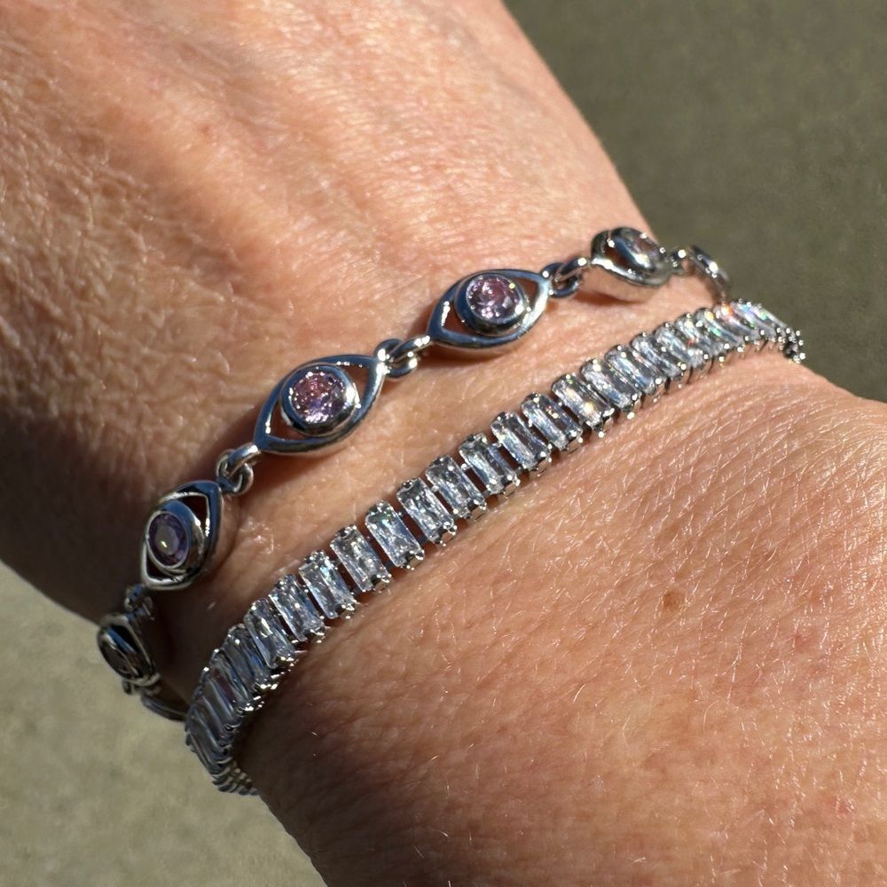 NEW Evil Eye Tennis Bracelet Pink & White CZ stones 18K White Gold Plated 7.5"